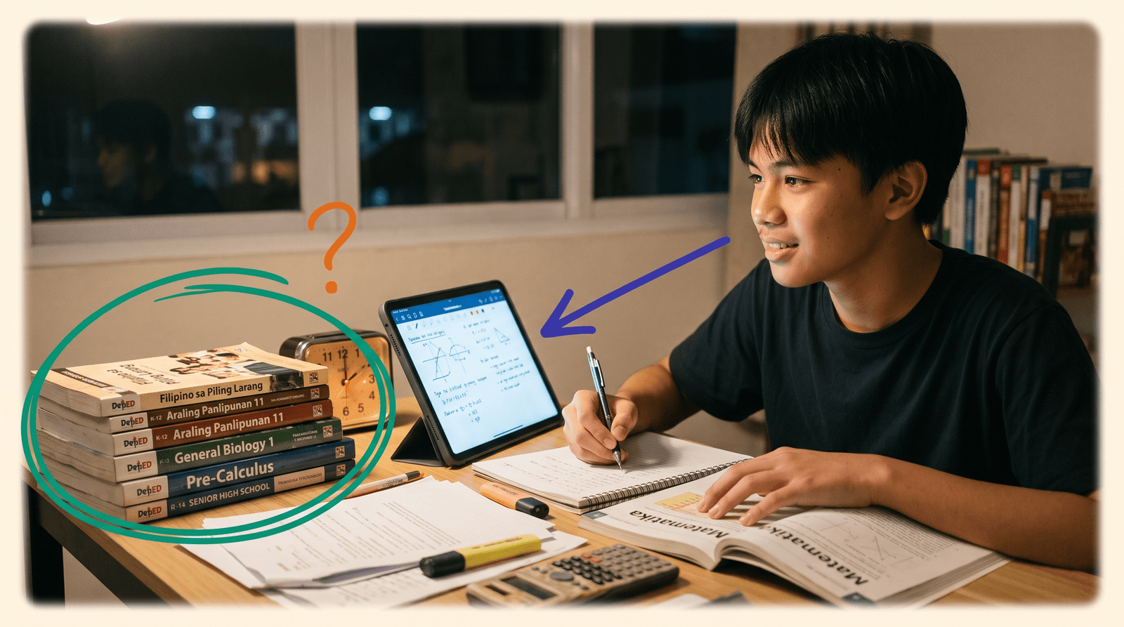 Filipino student navigating the DepEd K-12 curriculum late at night