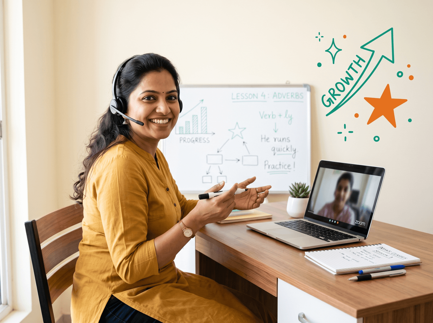 An Indian woman tutor with a headset, smiling and ready to teach on Tutoroma